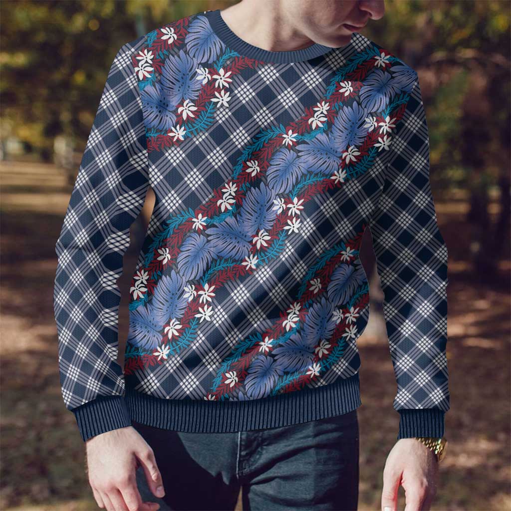 Polynesian Monstera Tiare Floral Ugly Christmas Sweater Royal Blue Tropical Plaid - Polynesian Pride