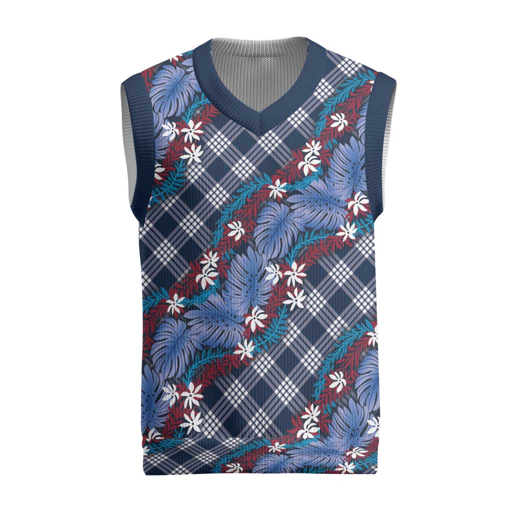 Polynesian Monstera Tiare Floral Christmas Knitted V-Neck Vest Royal Blue Tropical Plaid - Polynesian Pride