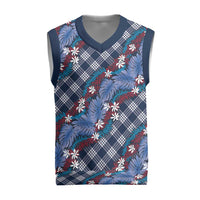 Polynesian Monstera Tiare Floral Christmas Knitted V-Neck Vest Royal Blue Tropical Plaid - Polynesian Pride