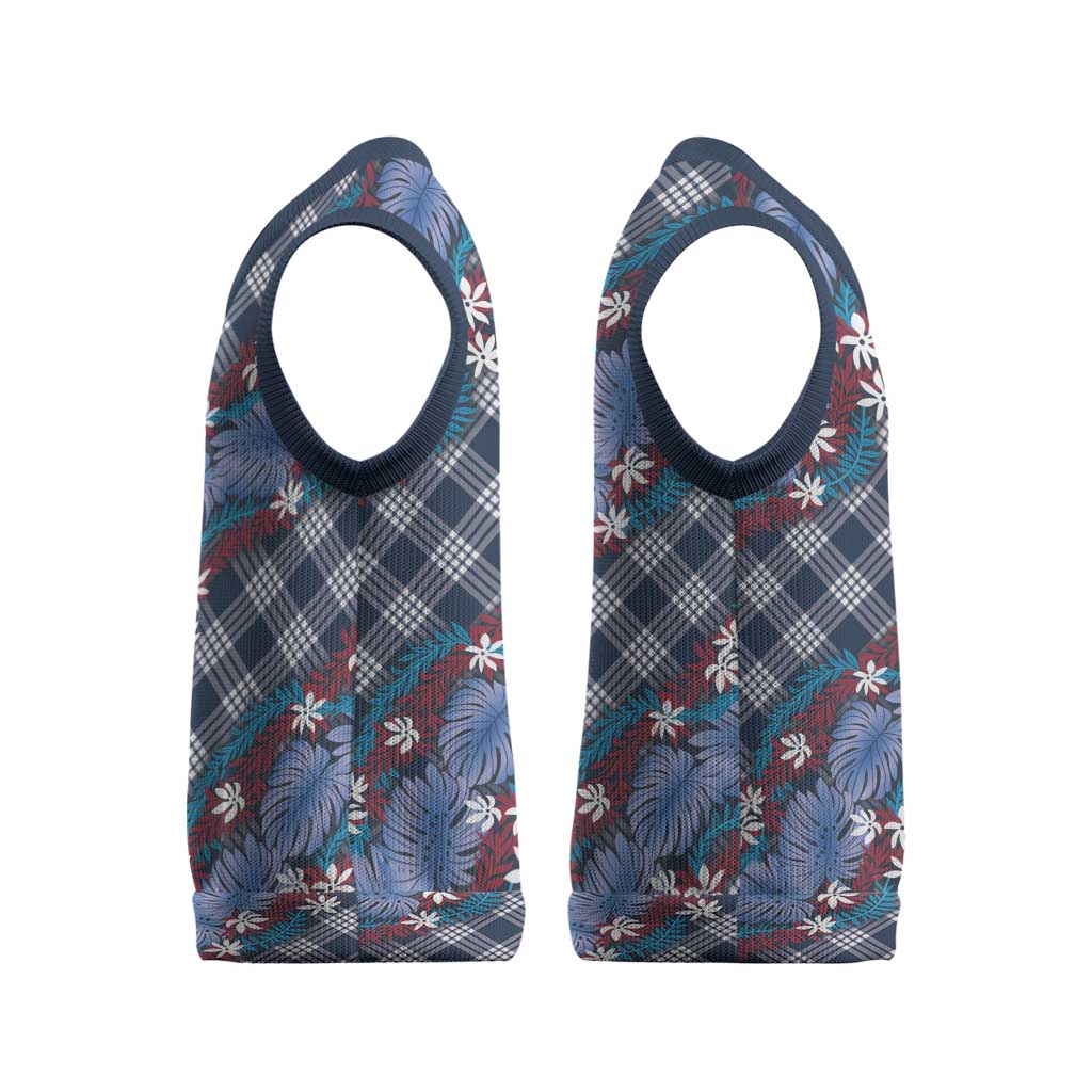 Polynesian Monstera Tiare Floral Christmas Knitted V-Neck Vest Royal Blue Tropical Plaid - Polynesian Pride