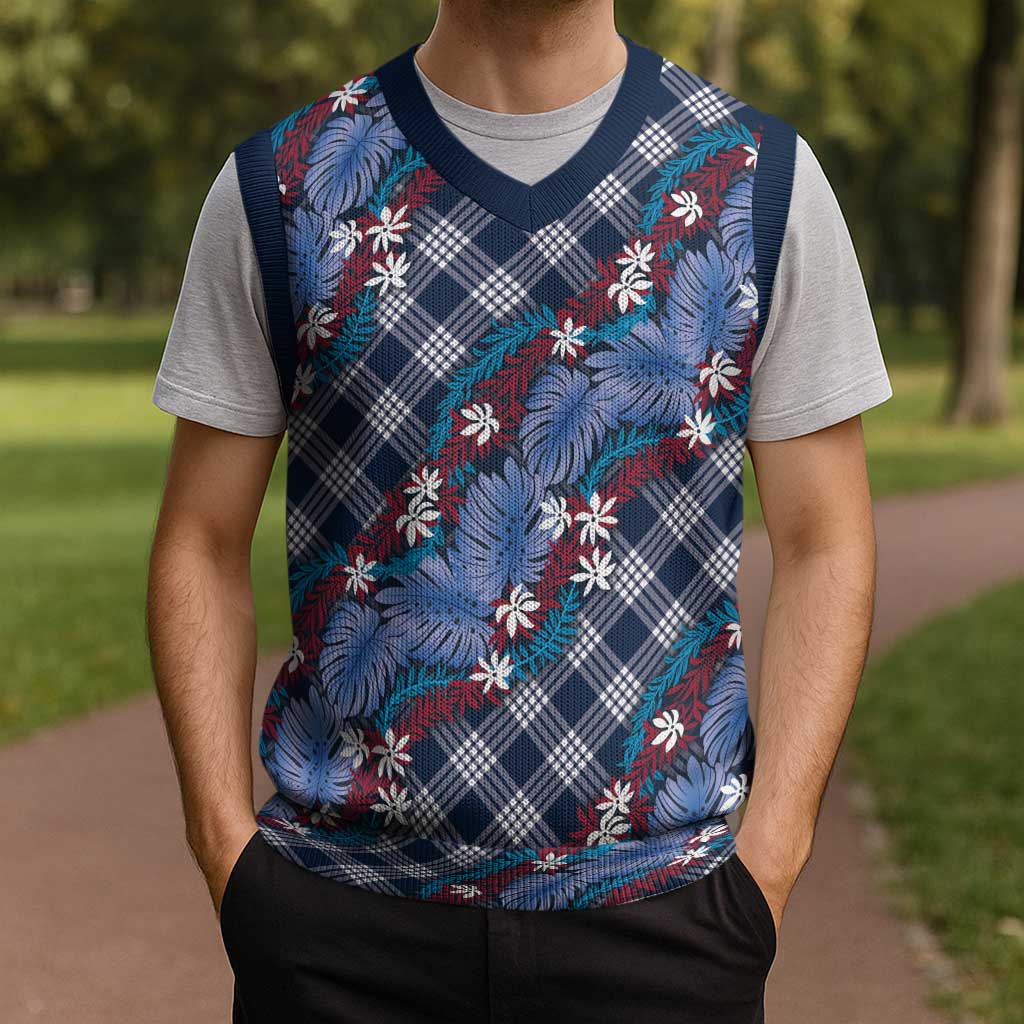 Polynesian Monstera Tiare Floral Christmas Knitted V-Neck Vest Royal Blue Tropical Plaid - Polynesian Pride
