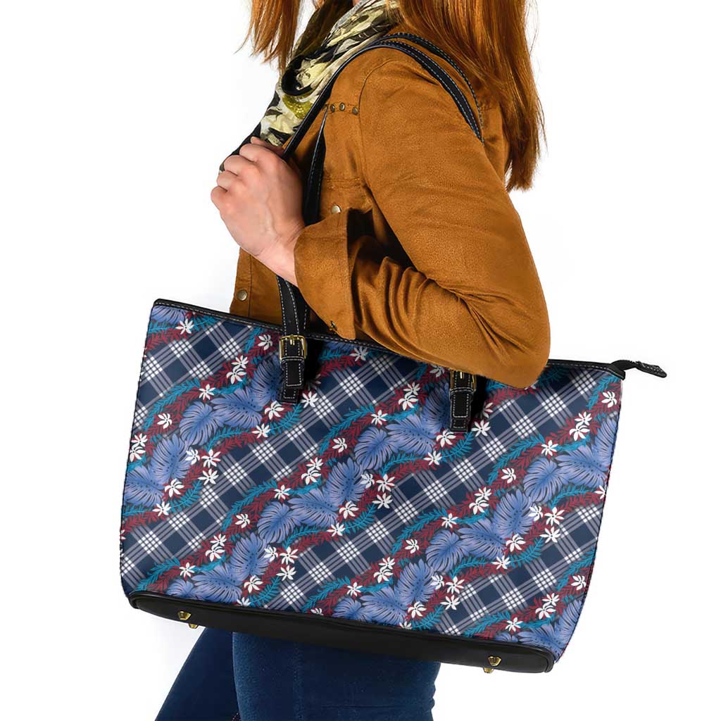 Polynesian Monstera Tiare Floral Leather Tote Bag Royal Blue Tropical Plaid - Polynesian Pride