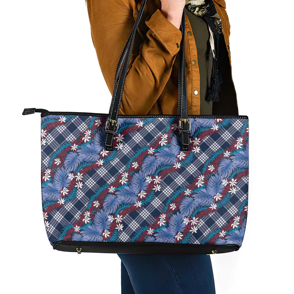 Polynesian Monstera Tiare Floral Leather Tote Bag Royal Blue Tropical Plaid - Polynesian Pride