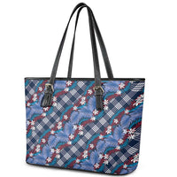 Polynesian Monstera Tiare Floral Leather Tote Bag Royal Blue Tropical Plaid - Polynesian Pride