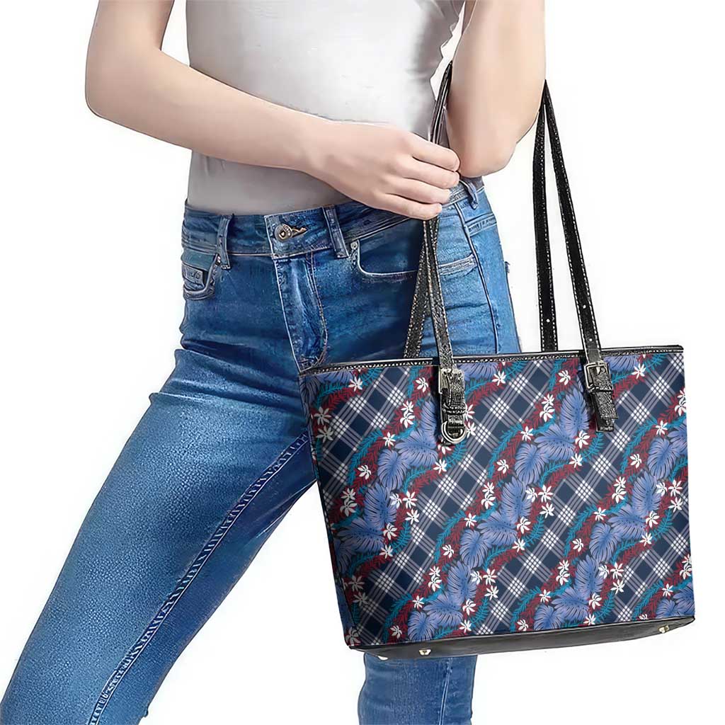 Polynesian Monstera Tiare Floral Leather Tote Bag Royal Blue Tropical Plaid - Polynesian Pride