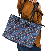 Polynesian Monstera Tiare Floral Leather Tote Bag Royal Blue Tropical Plaid - Polynesian Pride