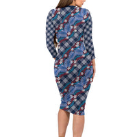 Polynesian Monstera Tiare Floral Long Sleeve Bodycon Dress Royal Blue Tropical Plaid - Polynesian Pride