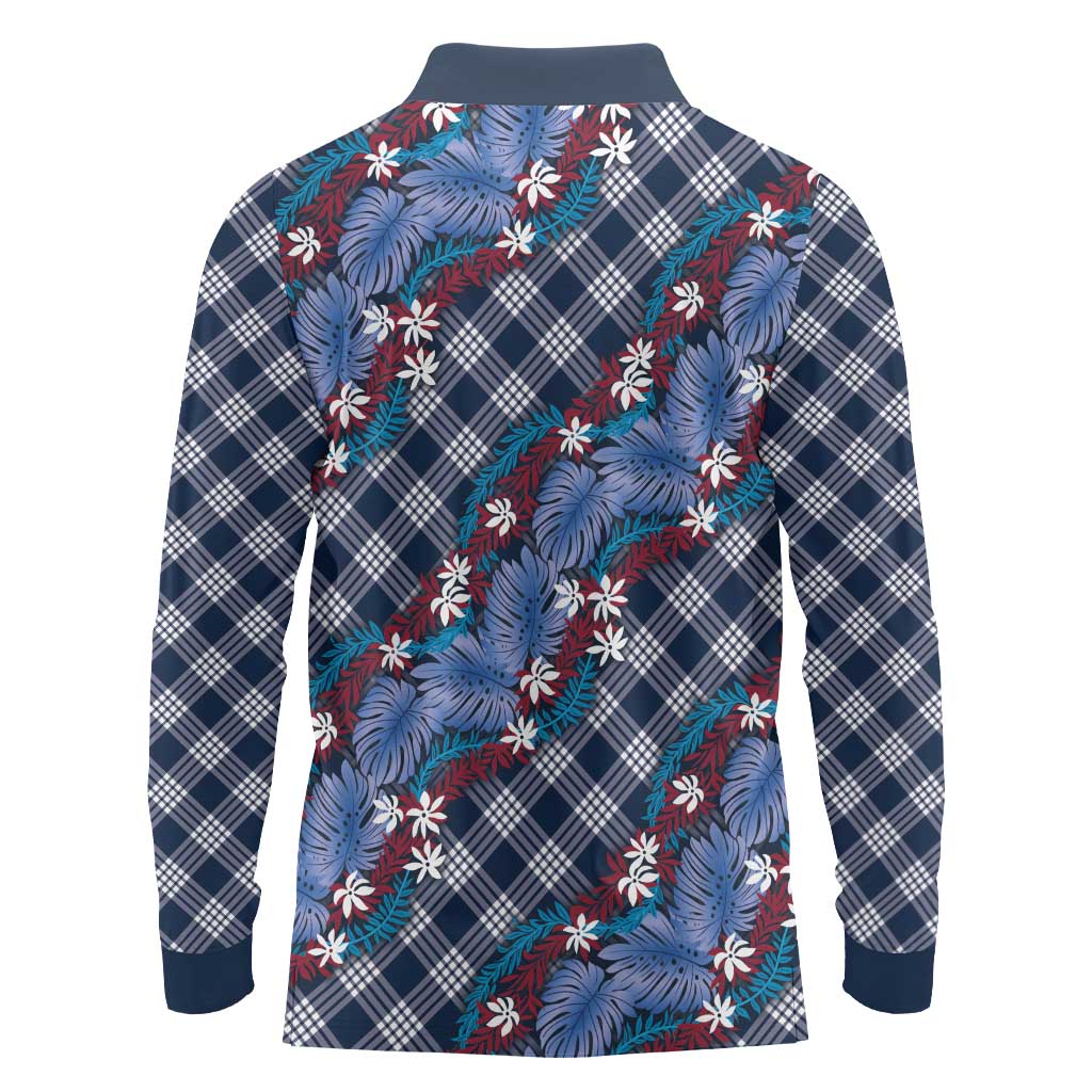 Polynesian Monstera Tiare Floral Long Sleeve Polo Shirt Royal Blue Tropical Plaid - Polynesian Pride