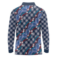 Polynesian Monstera Tiare Floral Long Sleeve Polo Shirt Royal Blue Tropical Plaid - Polynesian Pride
