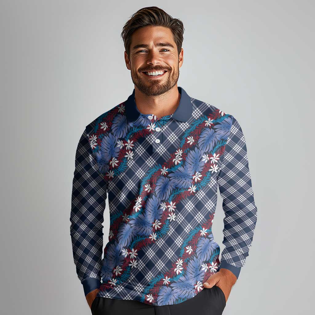 Polynesian Monstera Tiare Floral Long Sleeve Polo Shirt Royal Blue Tropical Plaid - Polynesian Pride