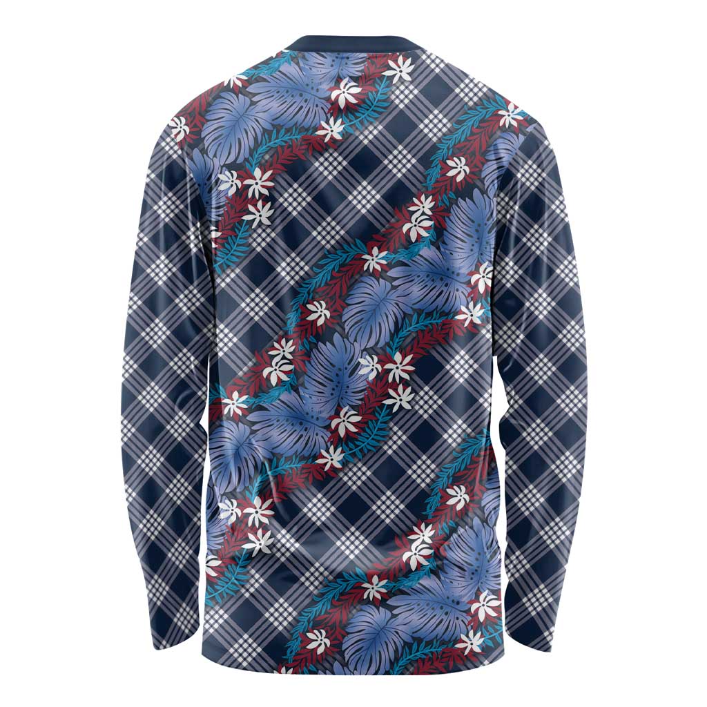 Polynesian Monstera Tiare Floral Long Sleeve Shirt Royal Blue Tropical Plaid - Polynesian Pride