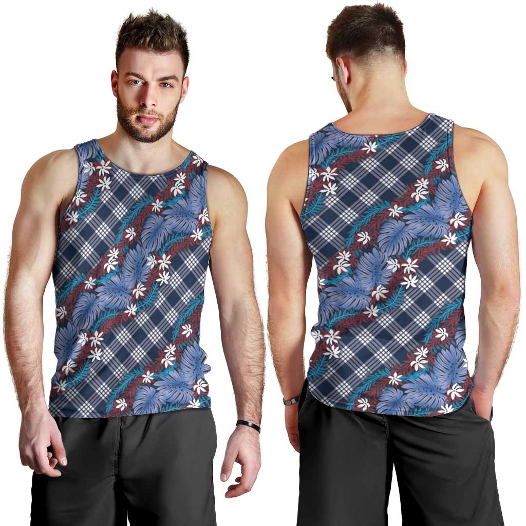 Polynesian Monstera Tiare Floral Men Tank Top Royal Blue Tropical Plaid - Polynesian Pride