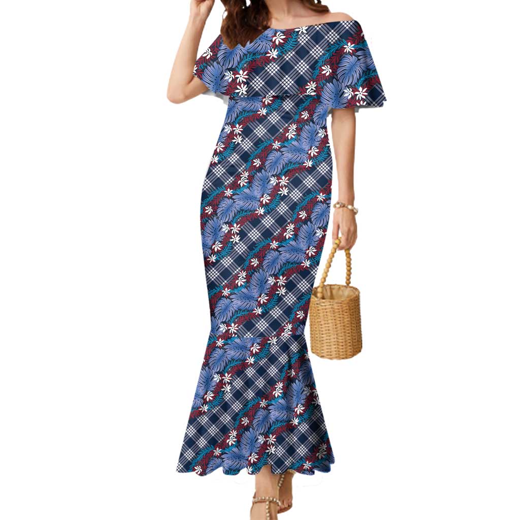 Polynesian Monstera Tiare Floral Mermaid Dress Royal Blue Tropical Plaid - Polynesian Pride