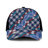 Polynesian Monstera Tiare Floral Mesh Trucker Cap Royal Blue Tropical Plaid - Polynesian Pride