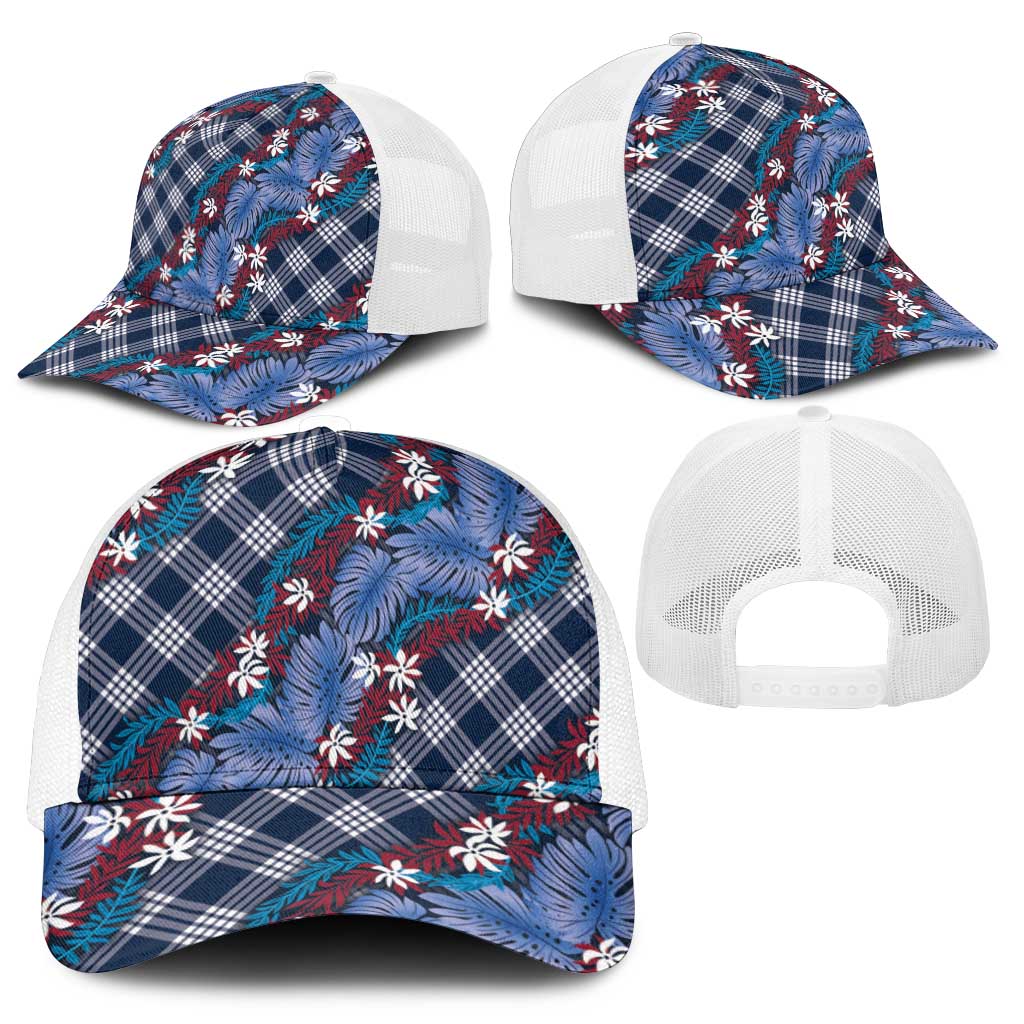 Polynesian Monstera Tiare Floral Mesh Trucker Cap Royal Blue Tropical Plaid - Polynesian Pride