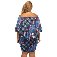 Polynesian Monstera Tiare Floral Off Shoulder Short Dress Royal Blue Tropical Plaid - Polynesian Pride