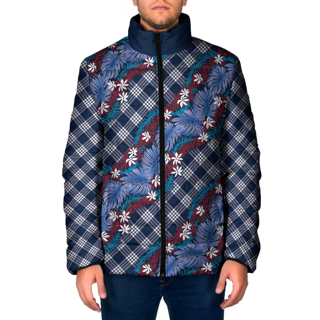 Polynesian Monstera Tiare Floral Padded Jacket Royal Blue Tropical Plaid - Polynesian Pride