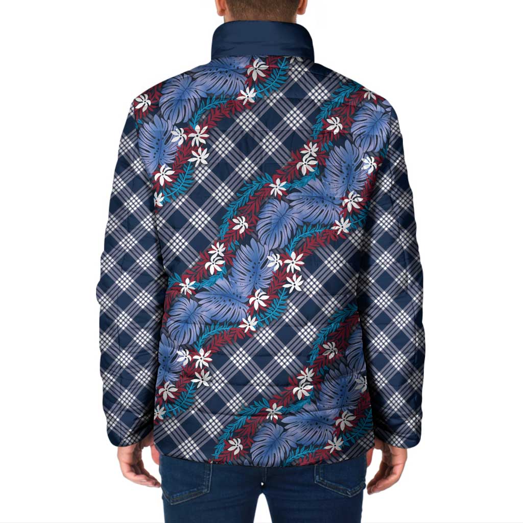 Polynesian Monstera Tiare Floral Padded Jacket Royal Blue Tropical Plaid - Polynesian Pride