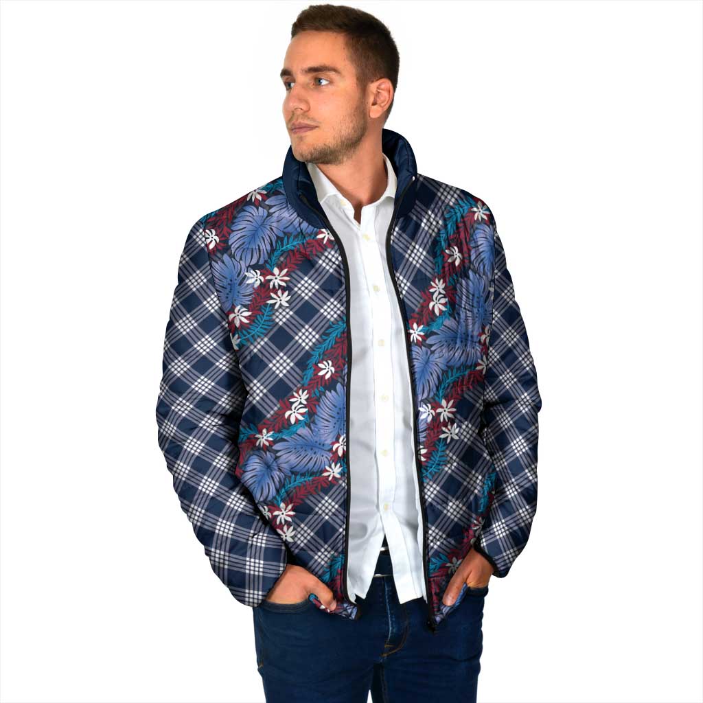 Polynesian Monstera Tiare Floral Padded Jacket Royal Blue Tropical Plaid - Polynesian Pride