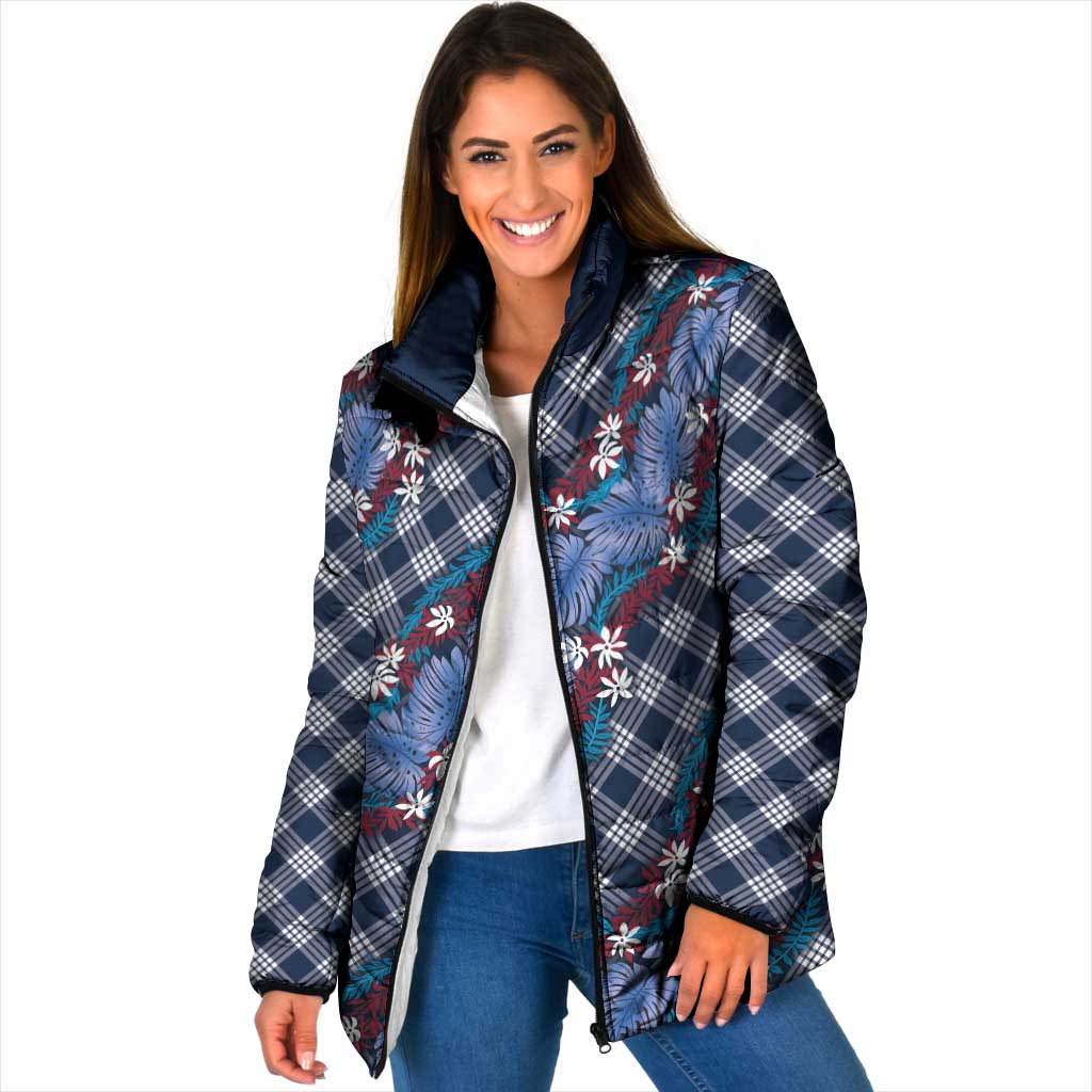 Polynesian Monstera Tiare Floral Padded Jacket Royal Blue Tropical Plaid - Polynesian Pride