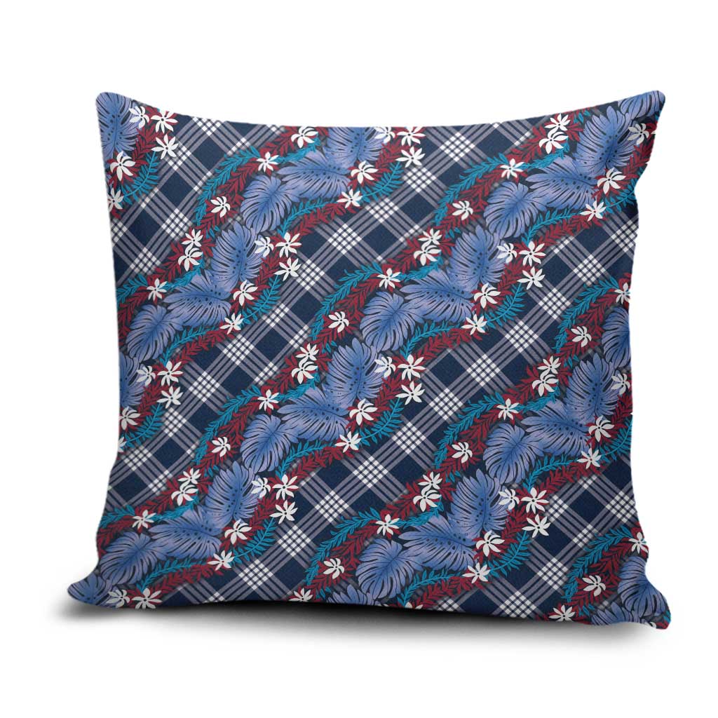 Polynesian Monstera Tiare Floral Pillow Cover Royal Blue Tropical Plaid - Polynesian Pride