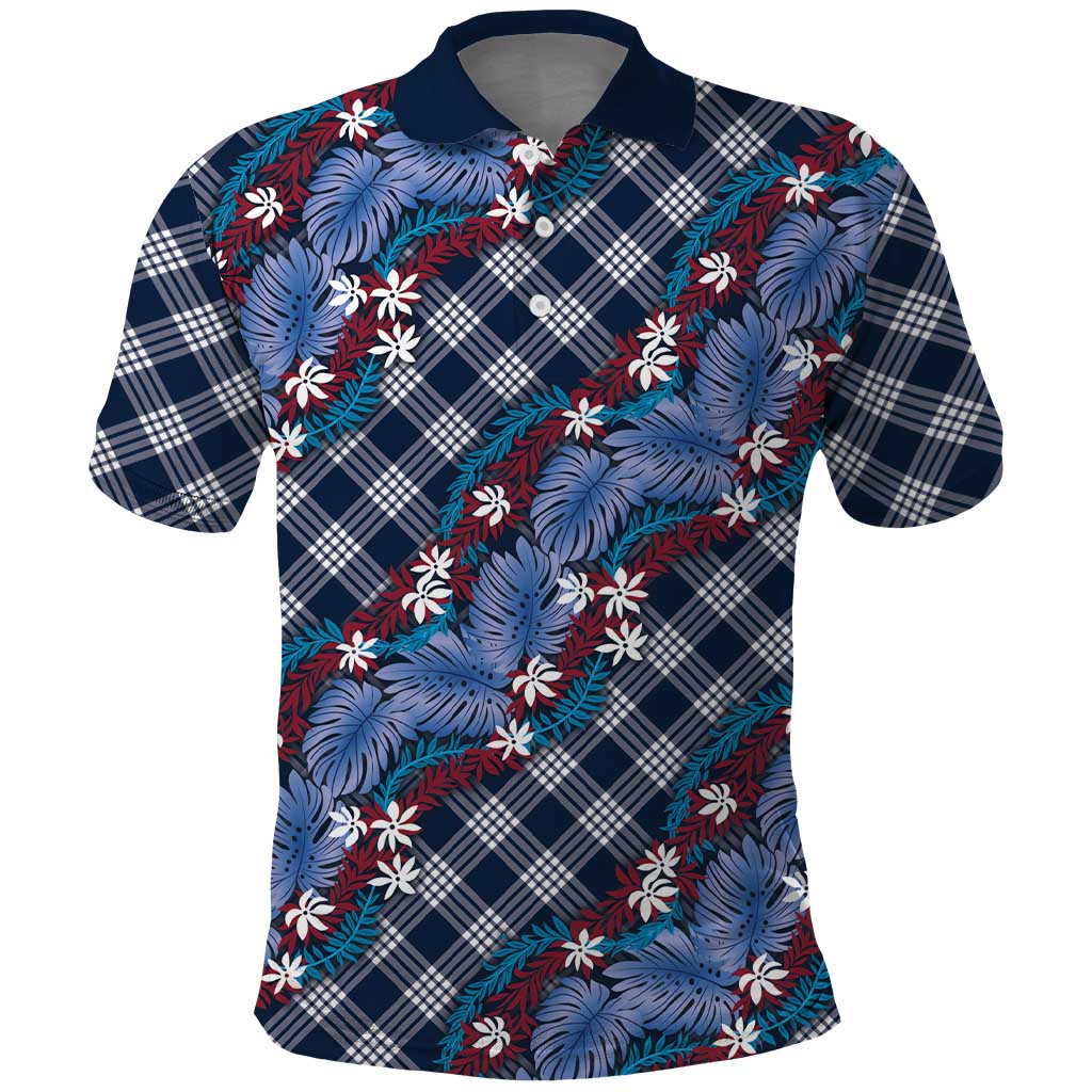 Polynesian Monstera Tiare Floral Polo Shirt Royal Blue Tropical Plaid - Polynesian Pride