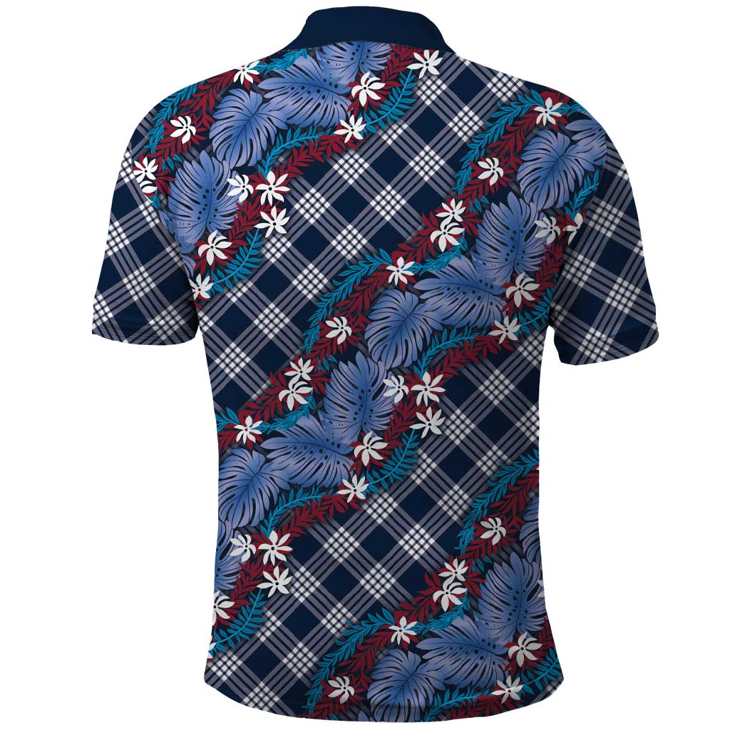 Polynesian Monstera Tiare Floral Polo Shirt Royal Blue Tropical Plaid - Polynesian Pride