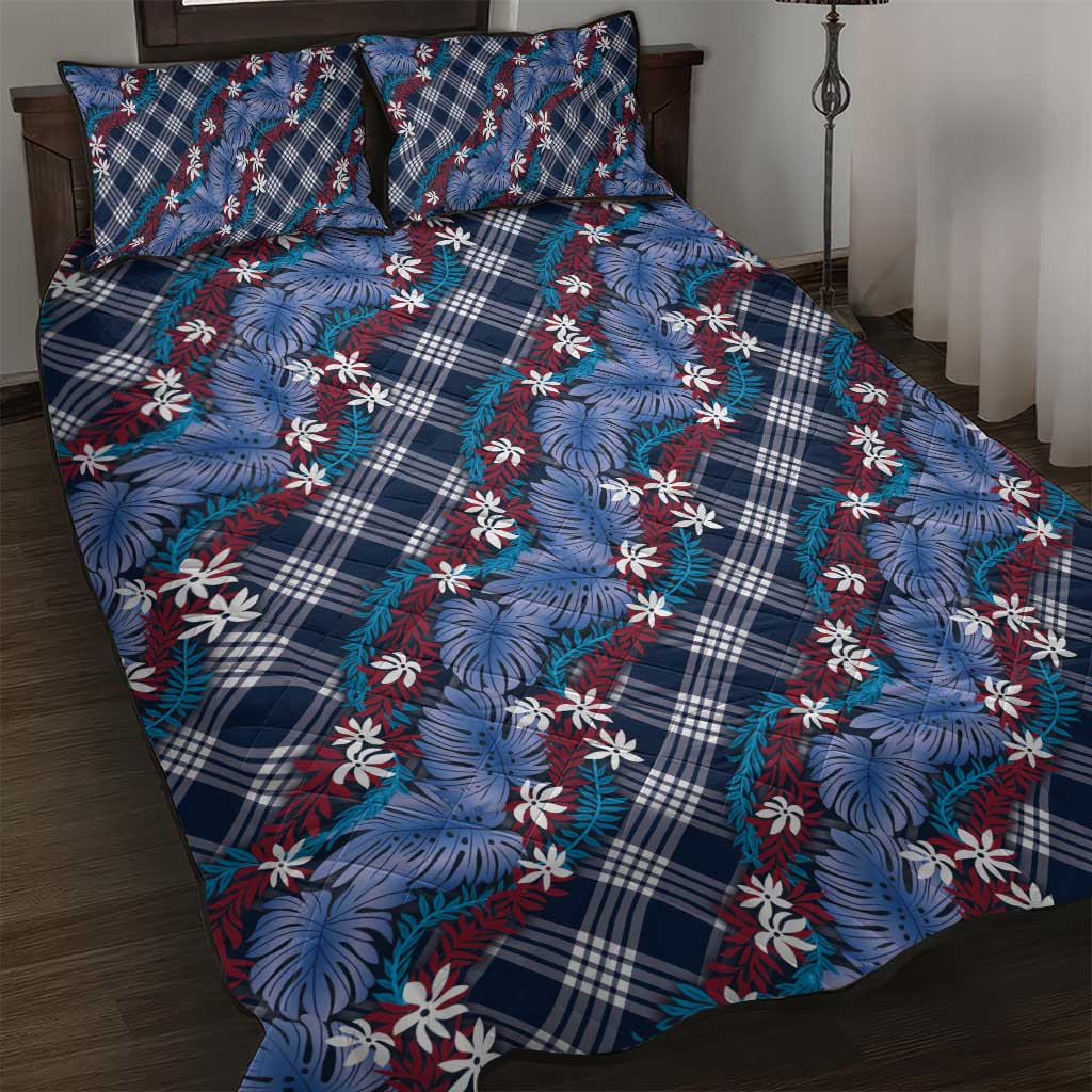 Polynesian Monstera Tiare Floral Quilt Bed Set Royal Blue Tropical Plaid - Polynesian Pride