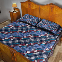Polynesian Monstera Tiare Floral Quilt Bed Set Royal Blue Tropical Plaid - Polynesian Pride