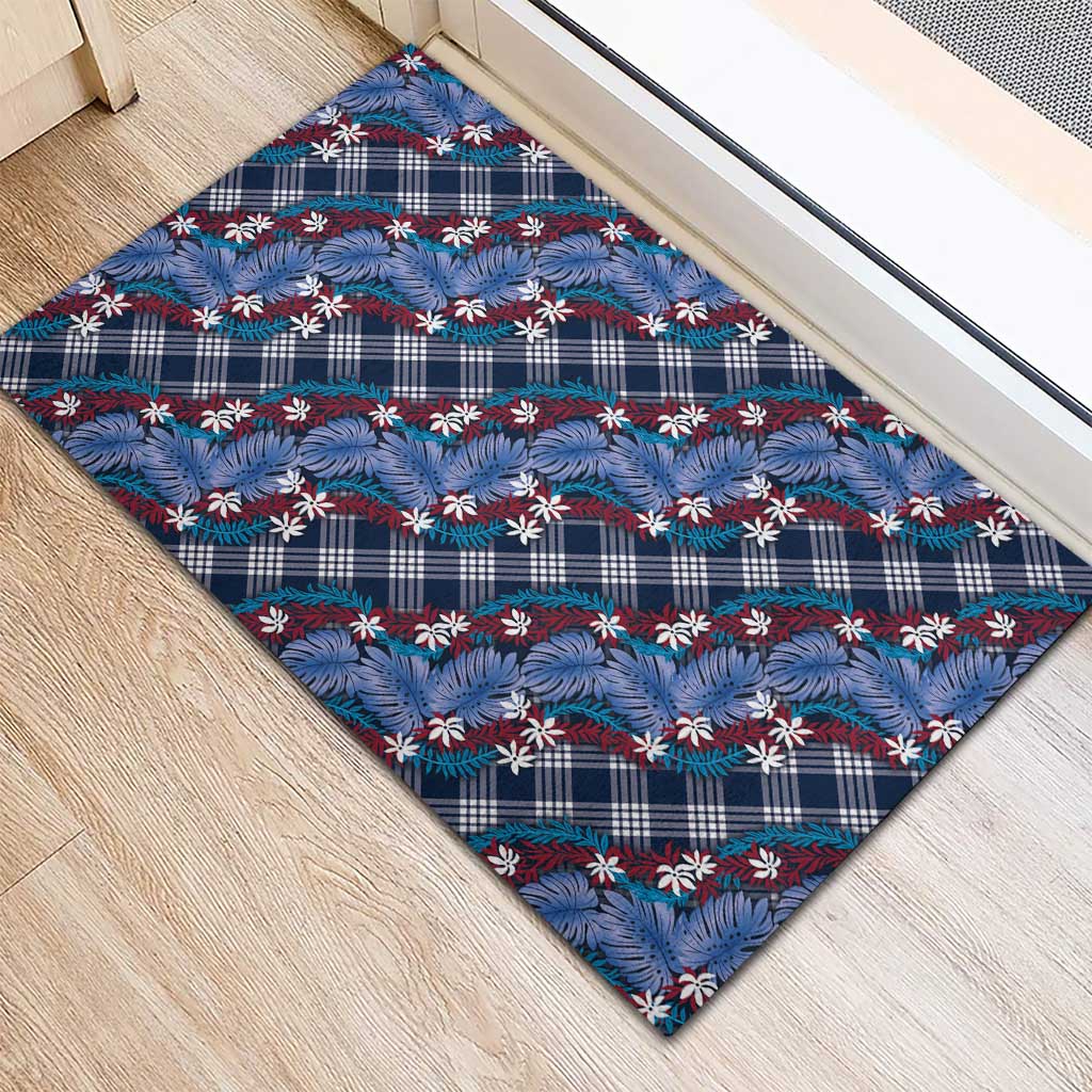 Polynesian Monstera Tiare Floral Rubber Doormat Royal Blue Tropical Plaid - Polynesian Pride
