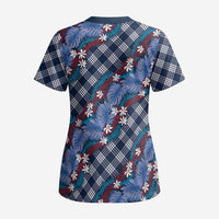 Polynesian Monstera Tiare Floral Scrub Top Royal Blue Tropical Plaid - Polynesian Pride