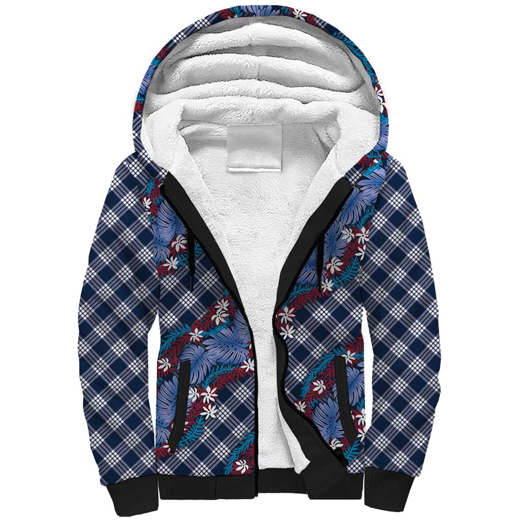 Polynesian Monstera Tiare Floral Sherpa Hoodie Royal Blue Tropical Plaid - Polynesian Pride