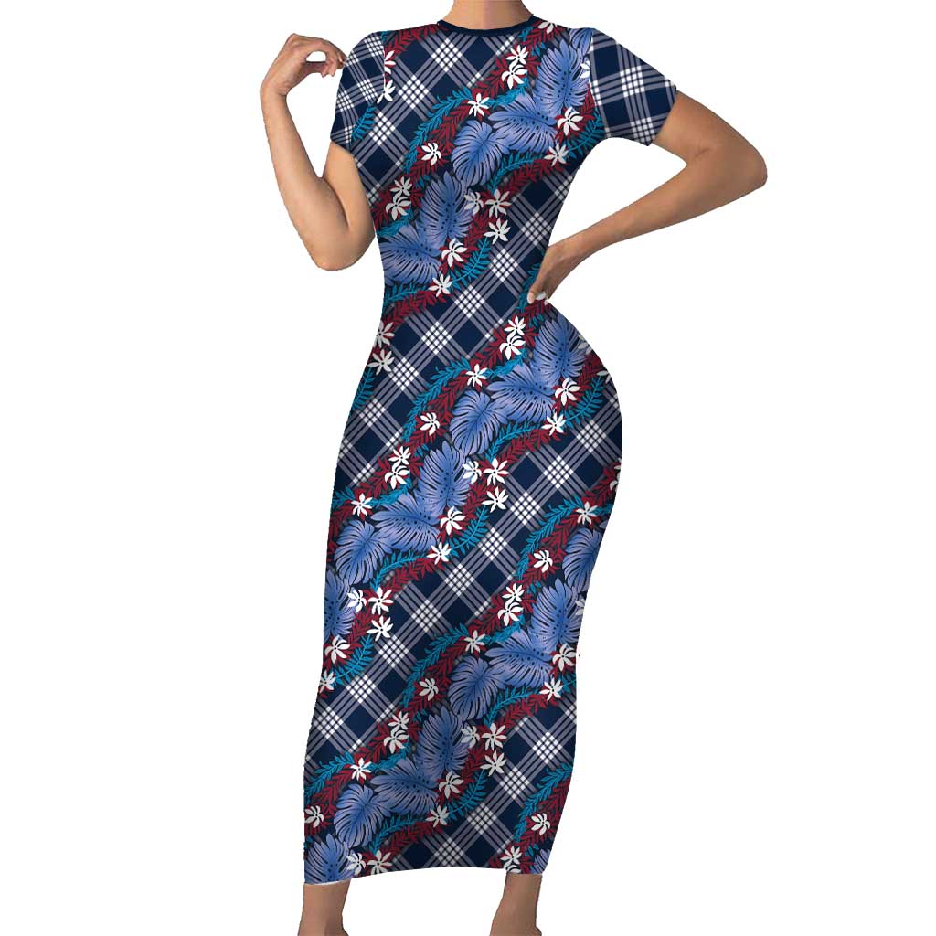 Polynesian Monstera Tiare Floral Short Sleeve Bodycon Dress Royal Blue Tropical Plaid - Polynesian Pride