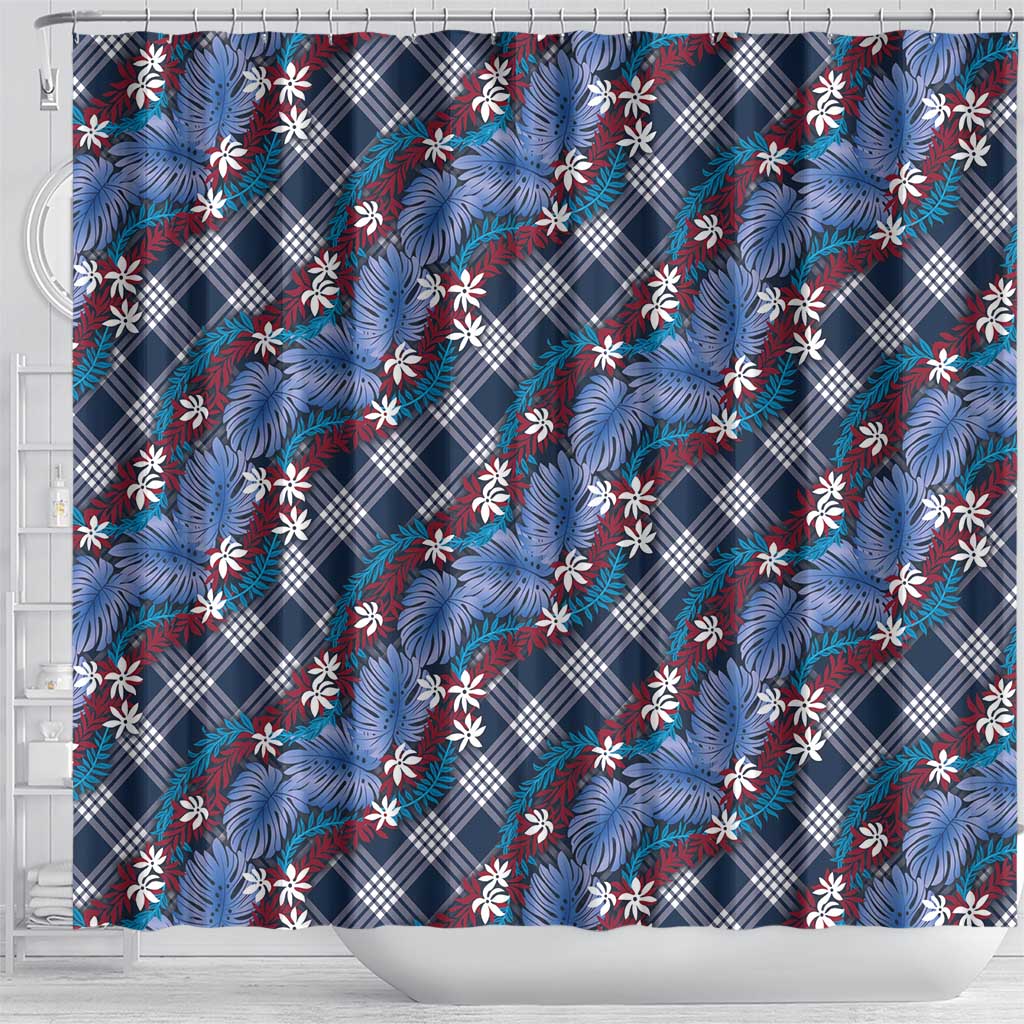 Polynesian Monstera Tiare Floral Shower Curtain Royal Blue Tropical Plaid - Polynesian Pride