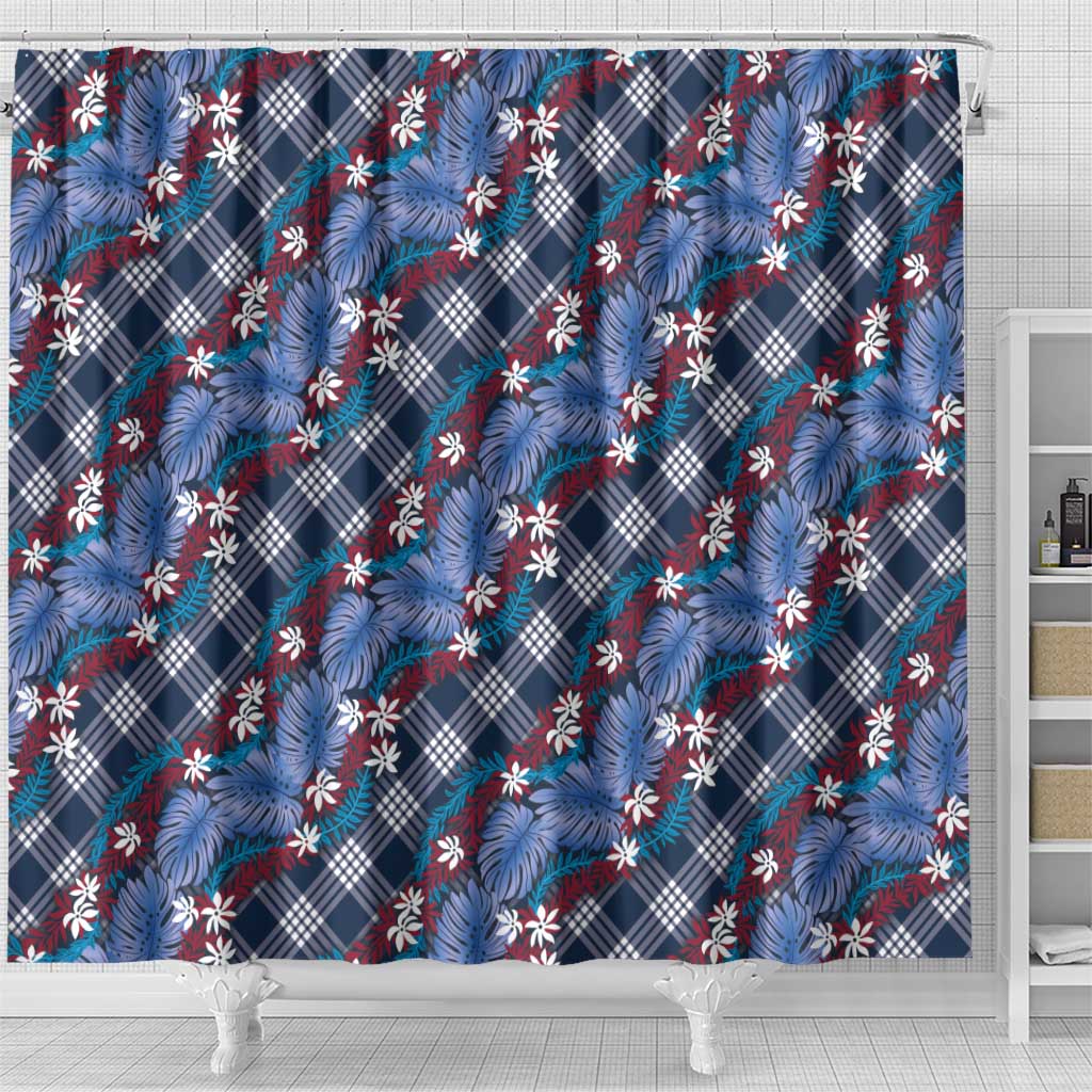 Polynesian Monstera Tiare Floral Shower Curtain Royal Blue Tropical Plaid - Polynesian Pride