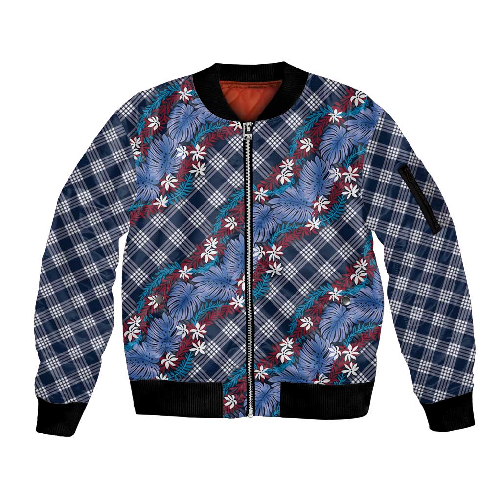 Polynesian Monstera Tiare Floral Sleeve Zip Bomber Jacket Royal Blue Tropical Plaid - Polynesian Pride