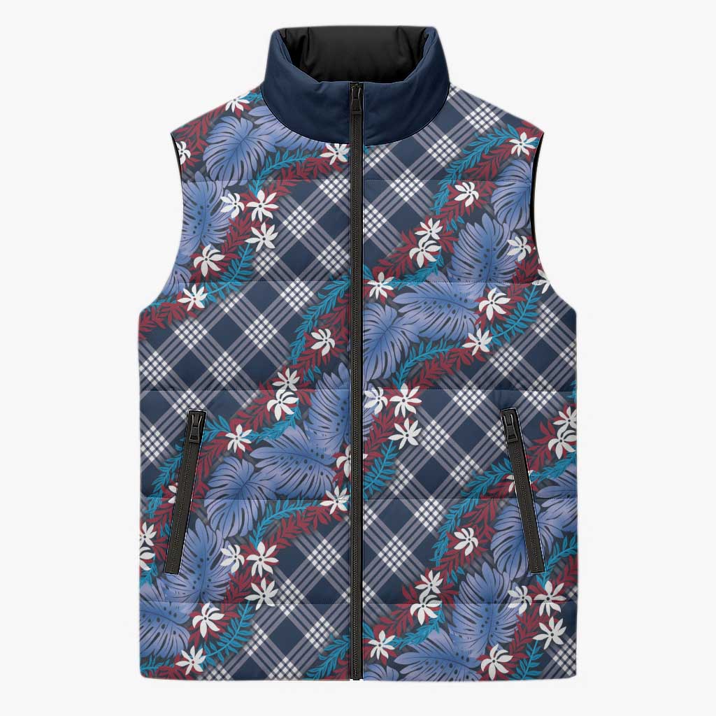 Polynesian Monstera Tiare Floral Sleeveless Puffer Jacket Royal Blue Tropical Plaid - Polynesian Pride