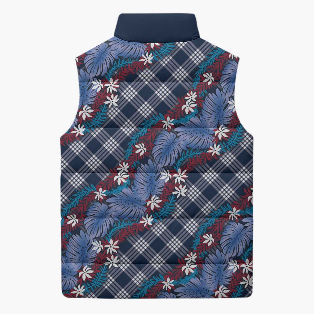 Polynesian Monstera Tiare Floral Sleeveless Puffer Jacket Royal Blue Tropical Plaid - Polynesian Pride