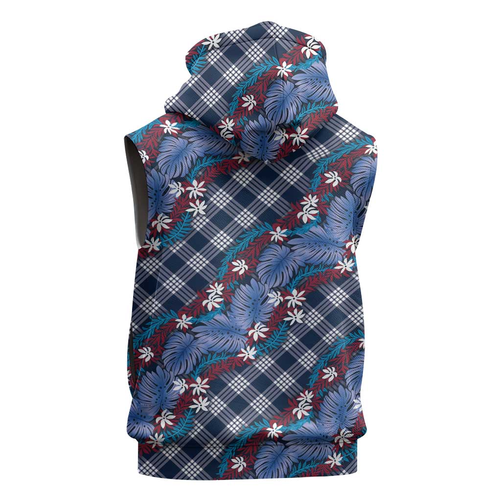 Polynesian Monstera Tiare Floral Sleeveless Zip Hoodie Royal Blue Tropical Plaid - Polynesian Pride