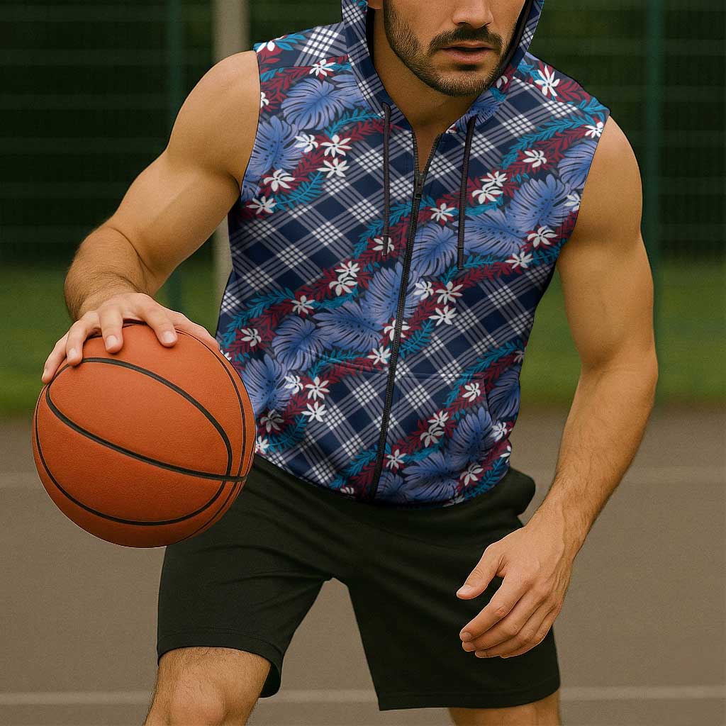 Polynesian Monstera Tiare Floral Sleeveless Zip Hoodie Royal Blue Tropical Plaid - Polynesian Pride