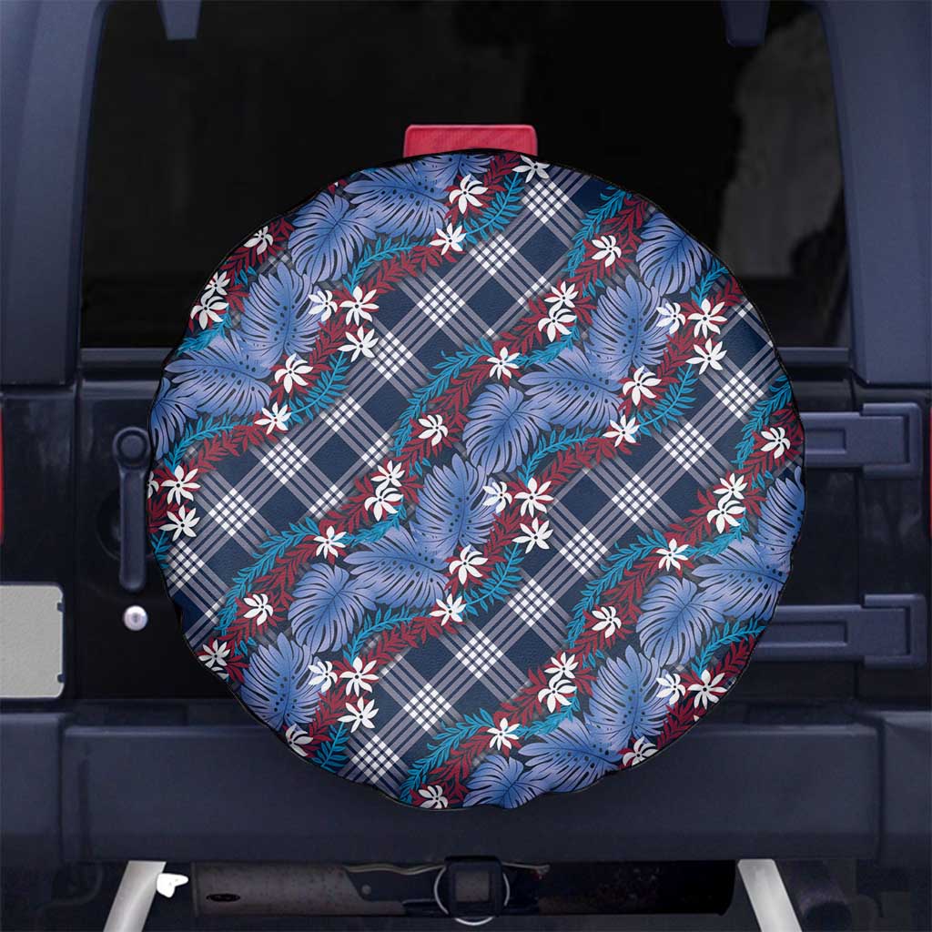 Polynesian Monstera Tiare Floral Spare Tire Cover Royal Blue Tropical Plaid - Polynesian Pride