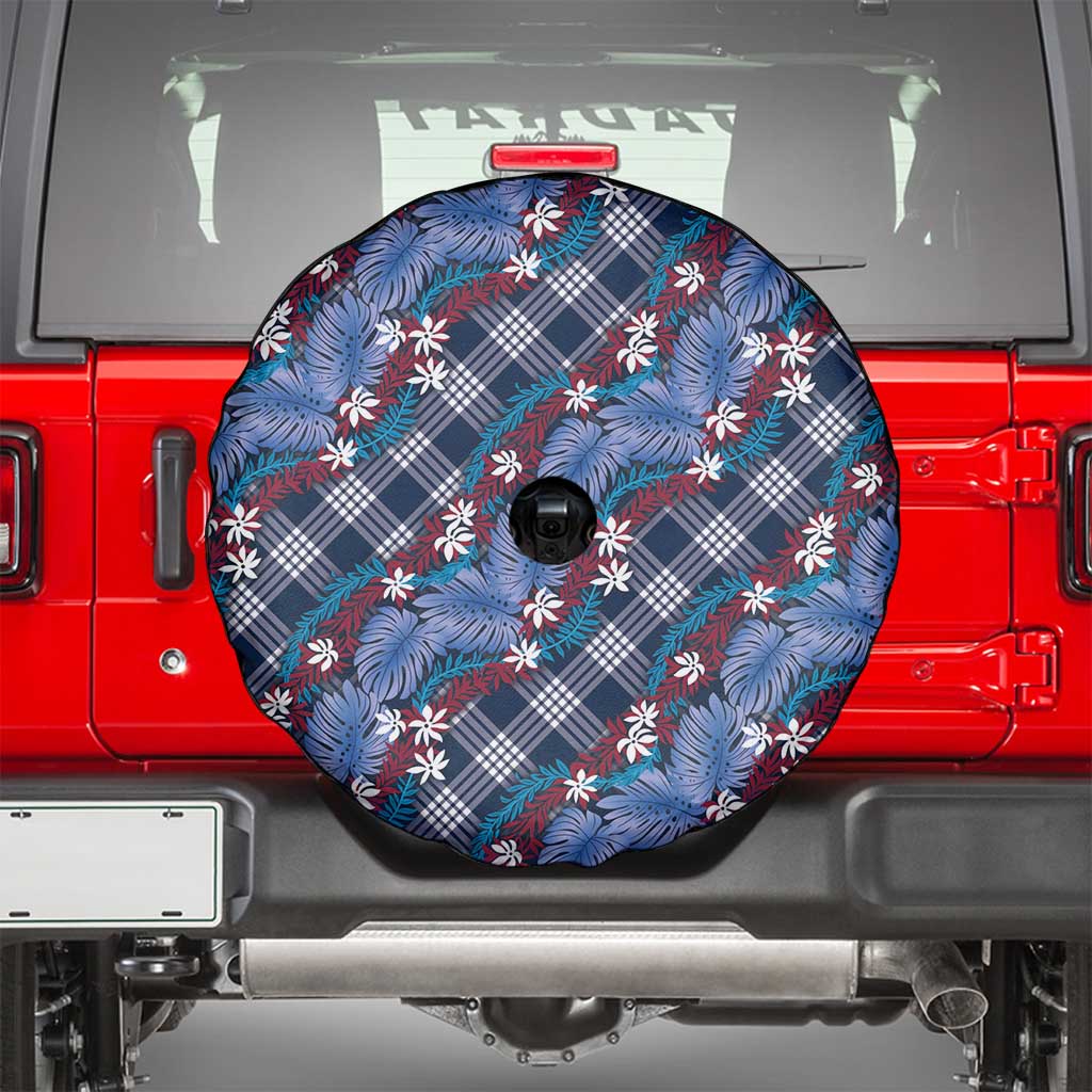 Polynesian Monstera Tiare Floral Spare Tire Cover Royal Blue Tropical Plaid - Polynesian Pride
