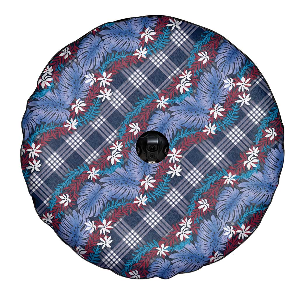 Polynesian Monstera Tiare Floral Spare Tire Cover Royal Blue Tropical Plaid - Polynesian Pride