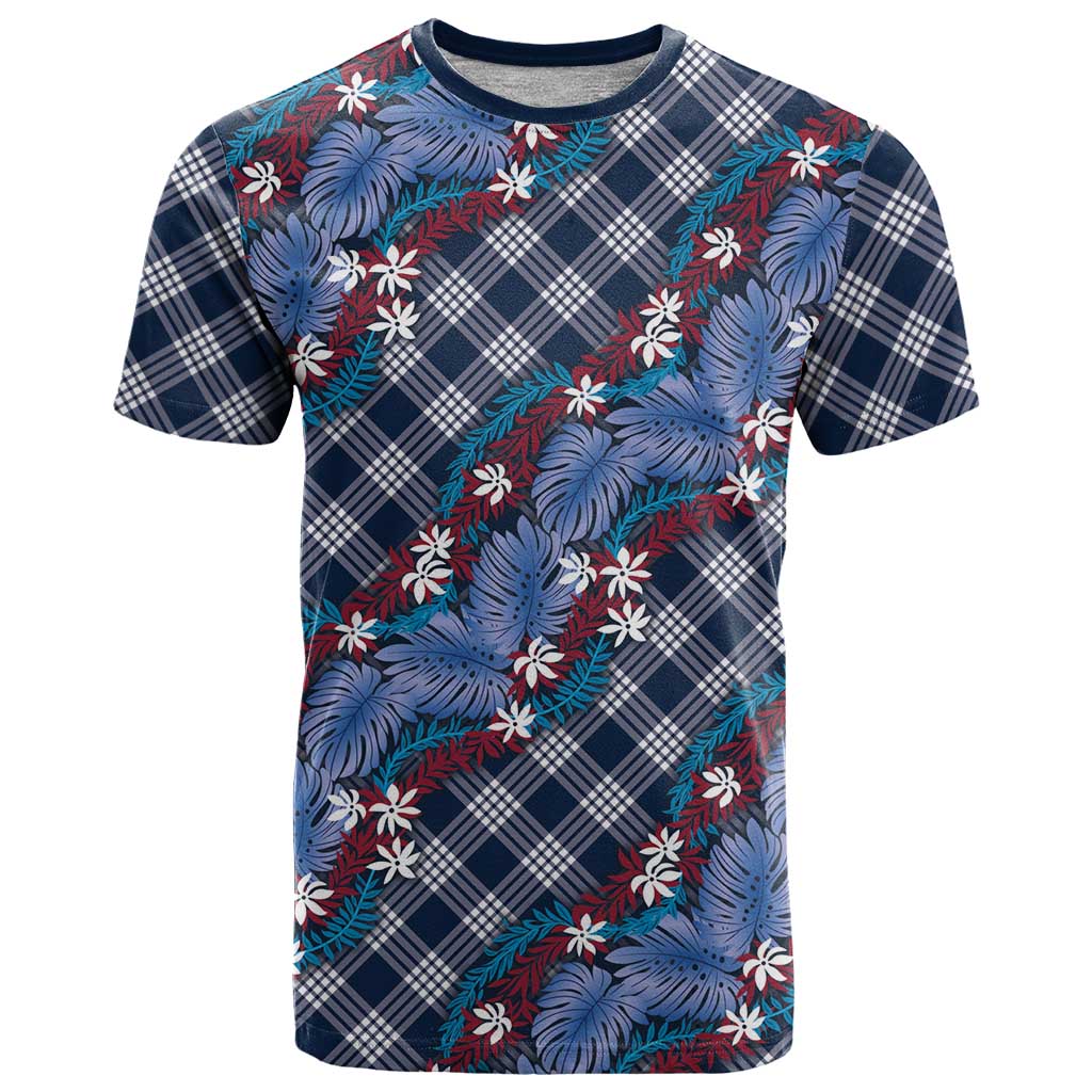 Polynesian Monstera Tiare Floral T Shirt Royal Blue Tropical Plaid - Polynesian Pride