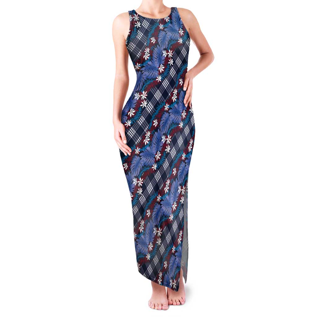 Polynesian Monstera Tiare Floral Tank Maxi Dress Royal Blue Tropical Plaid - Polynesian Pride