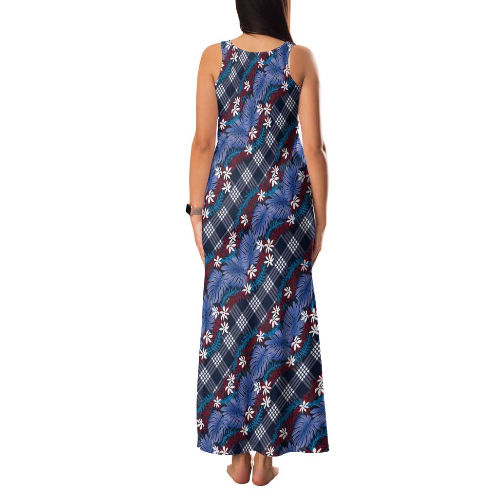 Polynesian Monstera Tiare Floral Tank Maxi Dress Royal Blue Tropical Plaid - Polynesian Pride