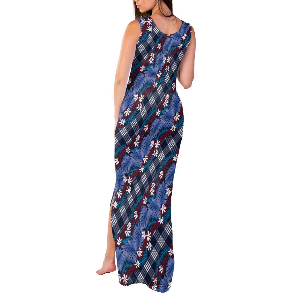 Polynesian Monstera Tiare Floral Tank Maxi Dress Royal Blue Tropical Plaid - Polynesian Pride