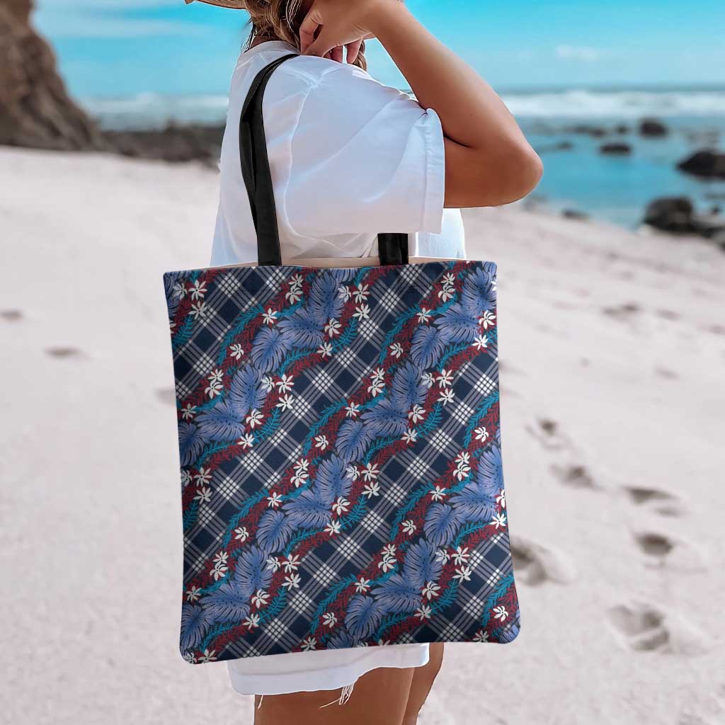 Polynesian Monstera Tiare Floral Tote Bag Royal Blue Tropical Plaid - Polynesian Pride