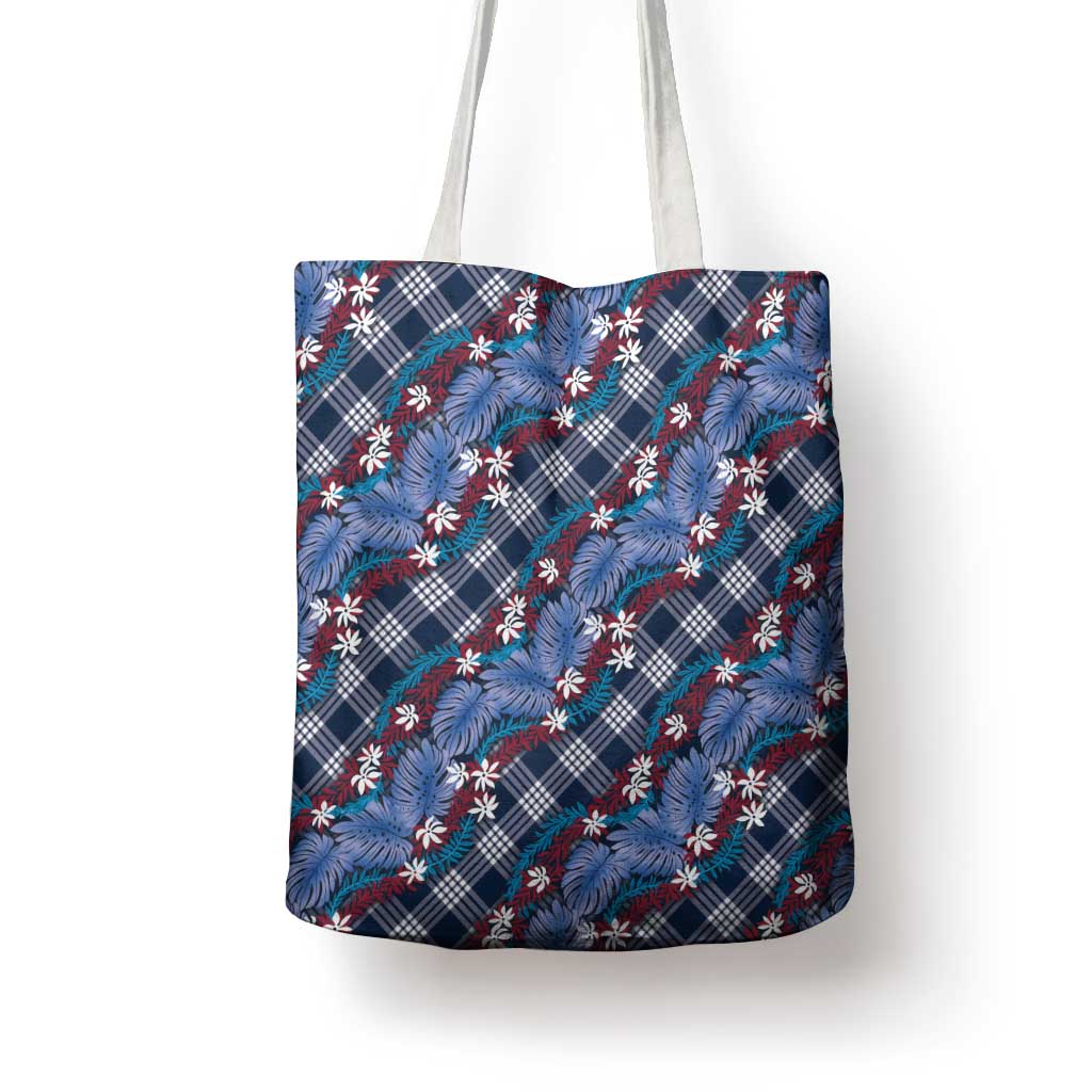 Polynesian Monstera Tiare Floral Tote Bag Royal Blue Tropical Plaid - Polynesian Pride
