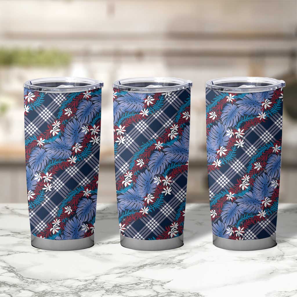 Polynesian Monstera Tiare Floral Tumbler Cup Royal Blue Tropical Plaid - Polynesian Pride